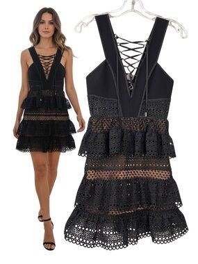 Self-Portrait Black Lace Up Tiered Lace Mini Dress US 0  Deep Plunging V Neck